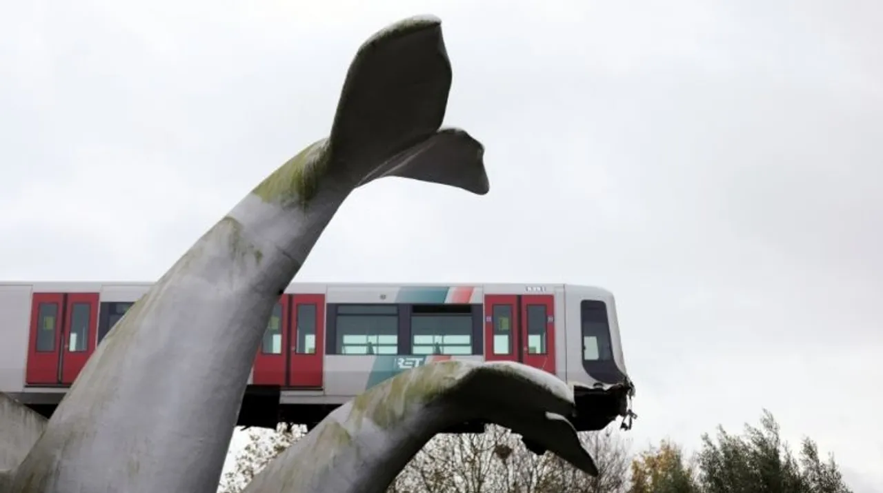  A general view of a metro that crashed through a stop block and landed on an artwork of a whale tail at De Akkers subway station in Spijkenisse, near Roterdam, Netherlands November 2, 2020 Photograph:(Reuters) 