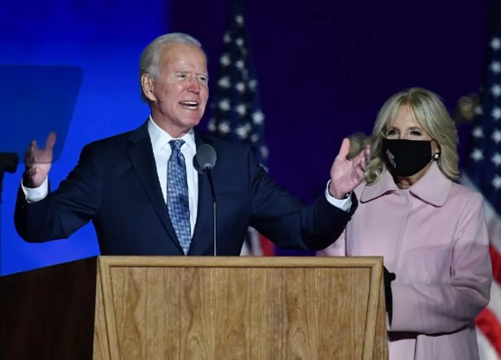  Jill Biden watches her husband Democratic presidential nominee Joe Biden speak during election night at the Chase Center in Wilmington, Delaware Photograph:(AFP) 