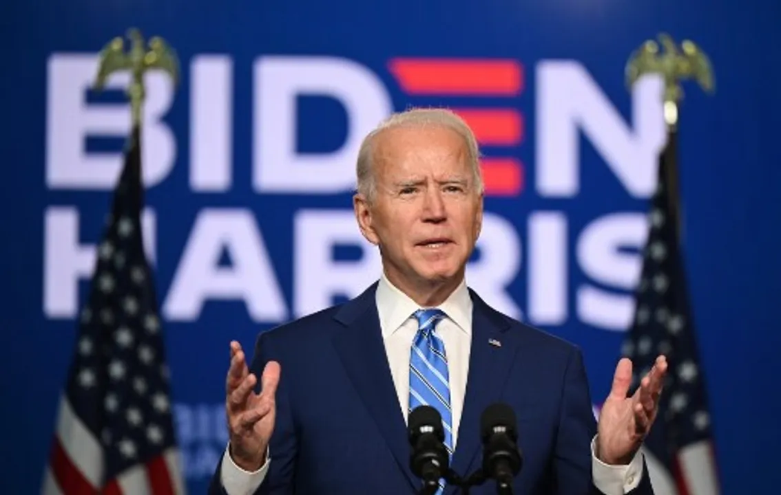  Democratic Presidential candidate Joe Biden speaks at the Chase Center in Wilmington, Delaware Photograph:(AFP) 