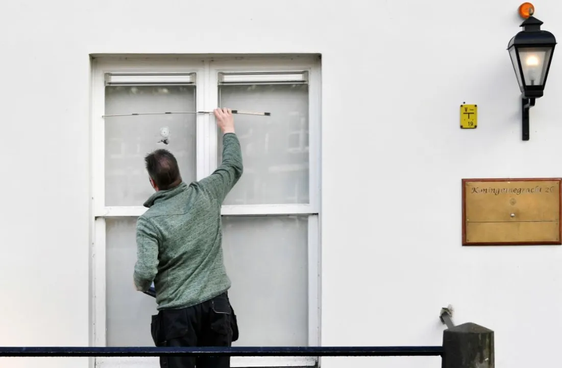 A bullet hole in the window of the Embassy of Saudi Arabia is pictured after unidentified assailants sprayed it with gunfire, in The Hague, Netherlands  Photograph:(Reuters) 