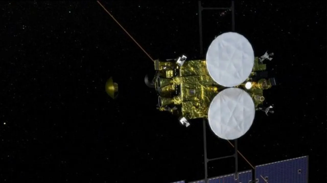  A JAXA artist's rendering of the separation of the capsule (centre L) carrying the asteroid sample from the space probe Hayabusa-2 Photograph:(AFP) 