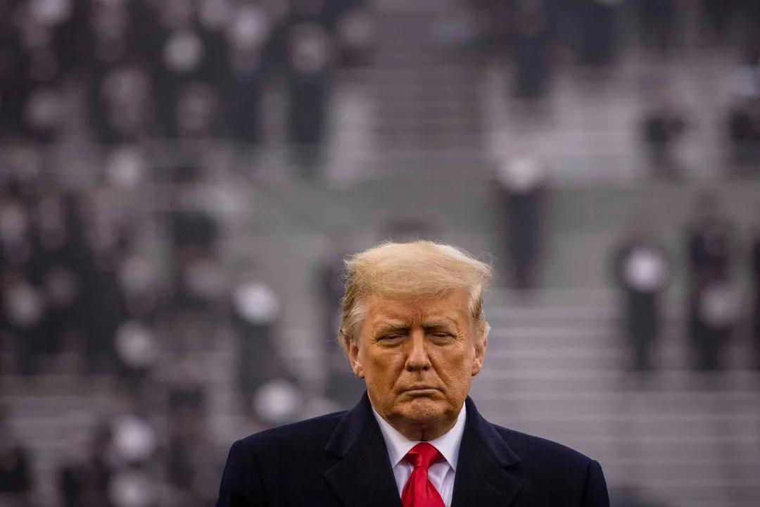  President Donald Trump speaks prior at the Army-Navy football game in West Point, N.Y., Dec. 12, 2020. (Samuel Corum Â© 2020 The New York Times Company) Photograph:(The New York Times) 