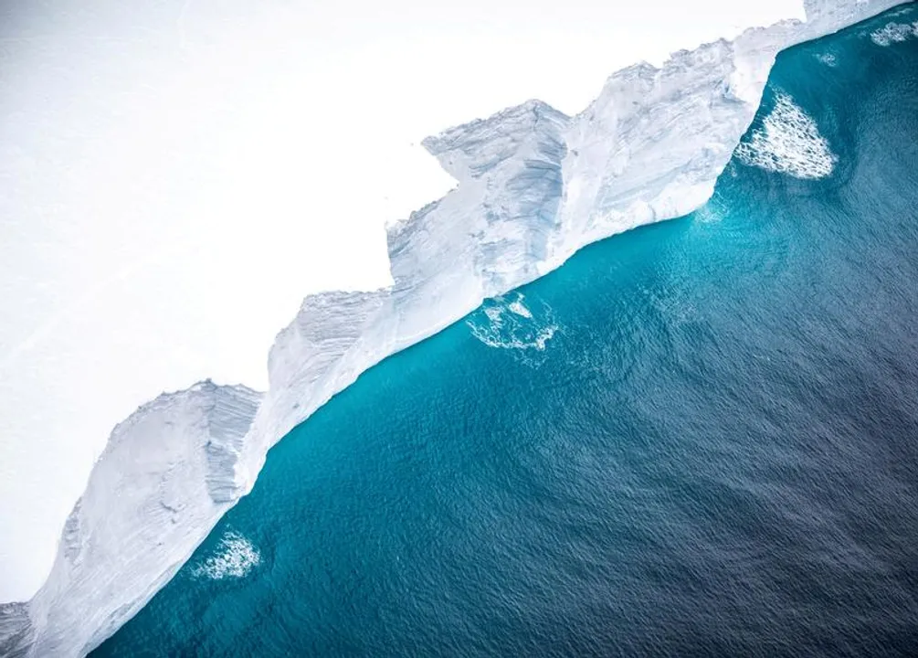  Warming temperatures cause sea ice to melt, revealing the dark ocean water beneath. As dark surfaces absorb more heat than reflective surfaces like ice, the ocean warms and more ice melts Photograph:(Reuters) 