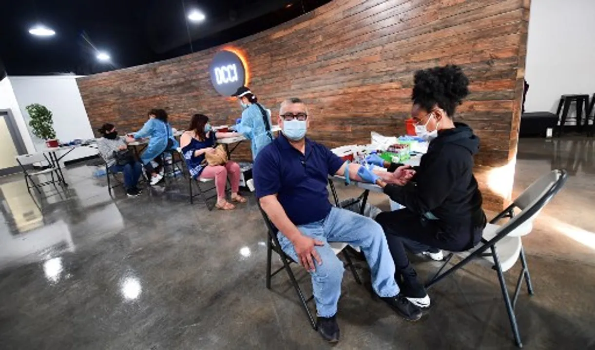  Blood is drawn during Covid-19 antibody testing offered for free at the Destiny Community Church International in Whittier, California.  Photograph:(AFP) 