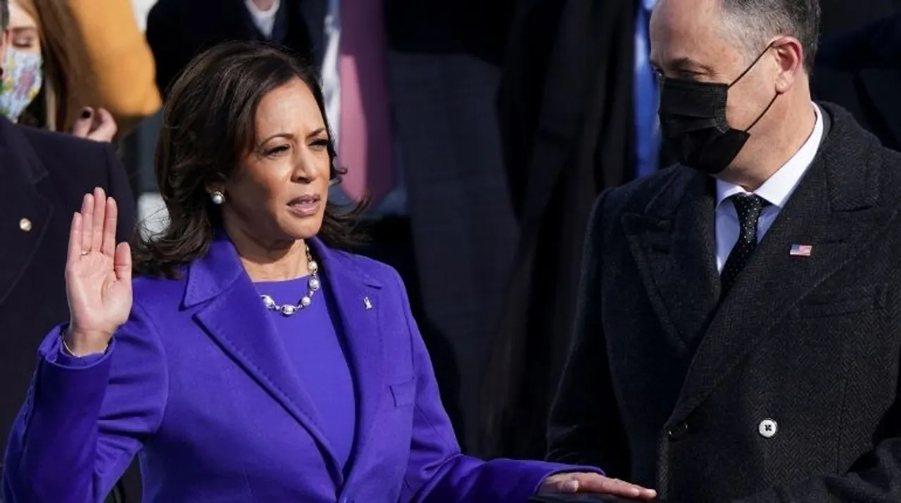  Kamala Harris is sworn in as U.S. Vice President as her spouse Doug Emhoff holds a bible during the inauguration of Joe Biden as the 46th President of the United States on the West Front of the U.S. Capitol in Washington, U.S., January 20, 2021 Photograph:(Reuters) 