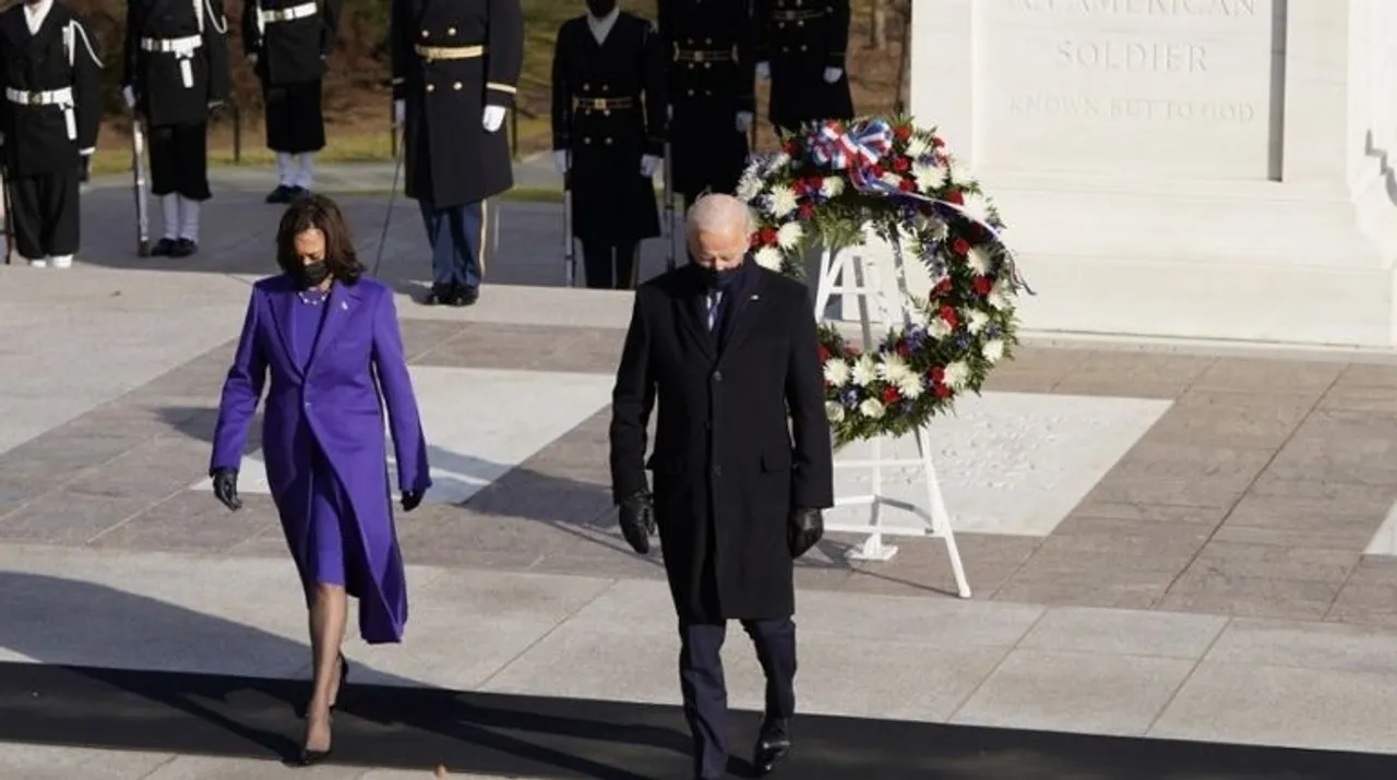  US President Joe Biden and Vice President Kamala Harris lay a wreath at the Tomb of the Unknown Soldier in Arlington Cemetery in Arlington, Virginia, after being sworn in, on January 20, 2021. Photograph:(AFP) 