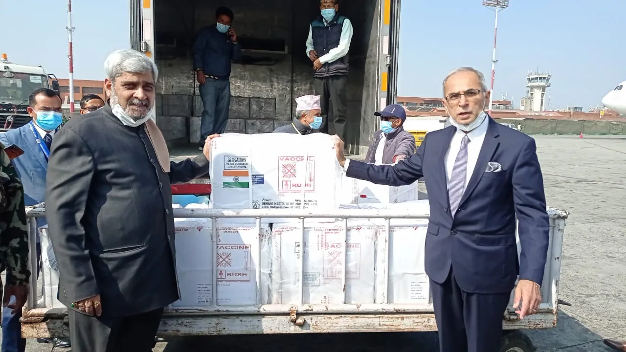  Indian envoy to Nepal Vinay Mohan Kwatra handing over Indian consignment of vaccines in Kathmandu. Picture Courtesy: MEA Photograph:(Others) 