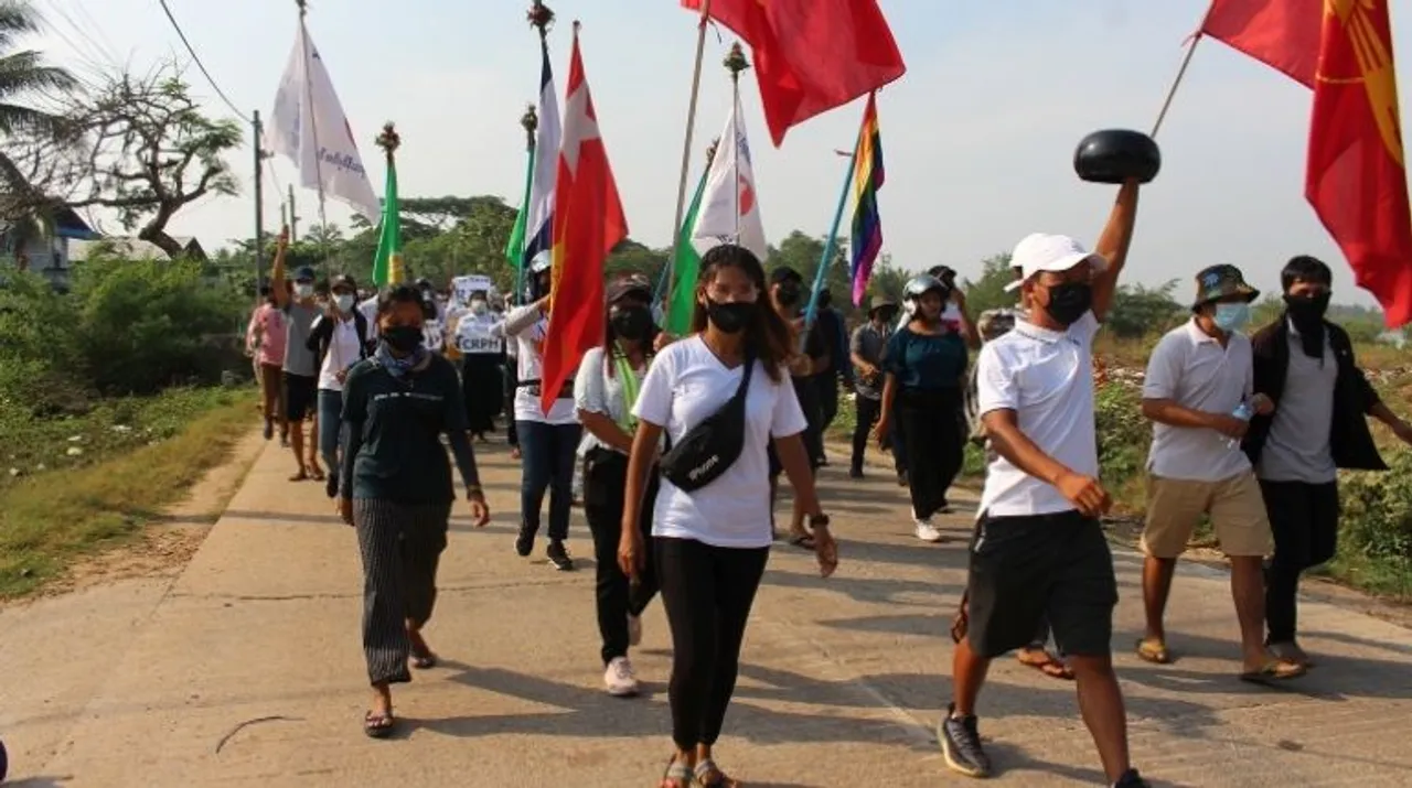  University students, engineers and teachers along with others march as they protest against the military coup in Dawei, Myanmar April 4, 2021 in this picture obtained from social media Photograph:(Reuters) 