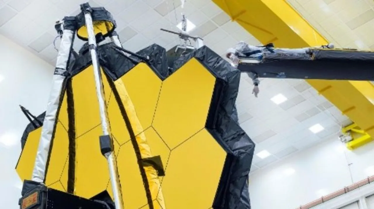  This handout image released by NASA on May 11, 2021 shows NASA's James Webb Space Telescope undergoing tests at Northrop Grumman in Redondo Beach, California. Photograph:(AFP) 