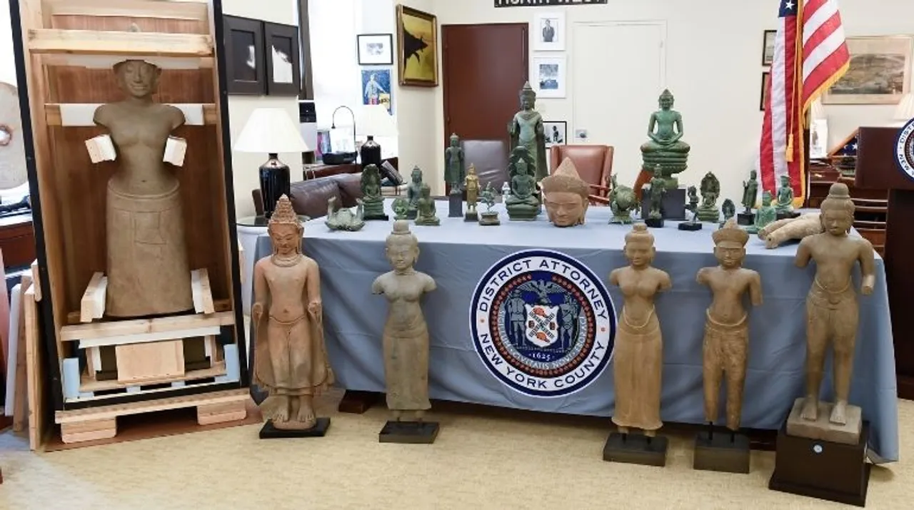  Antiquities to be repatriated to Cambodia are seen during a news conference at the Manhattan District Attorney's Office, in New York, US, June 9, 2021. Photograph:(Reuters) 