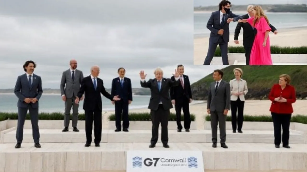  World leaders at the G7 meeting at Carbis Bay, Cornwall, south-west England I Canadian PM Trudeau meets PM Johnson's wife Carrie Johnson  Photograph:(AFP) 