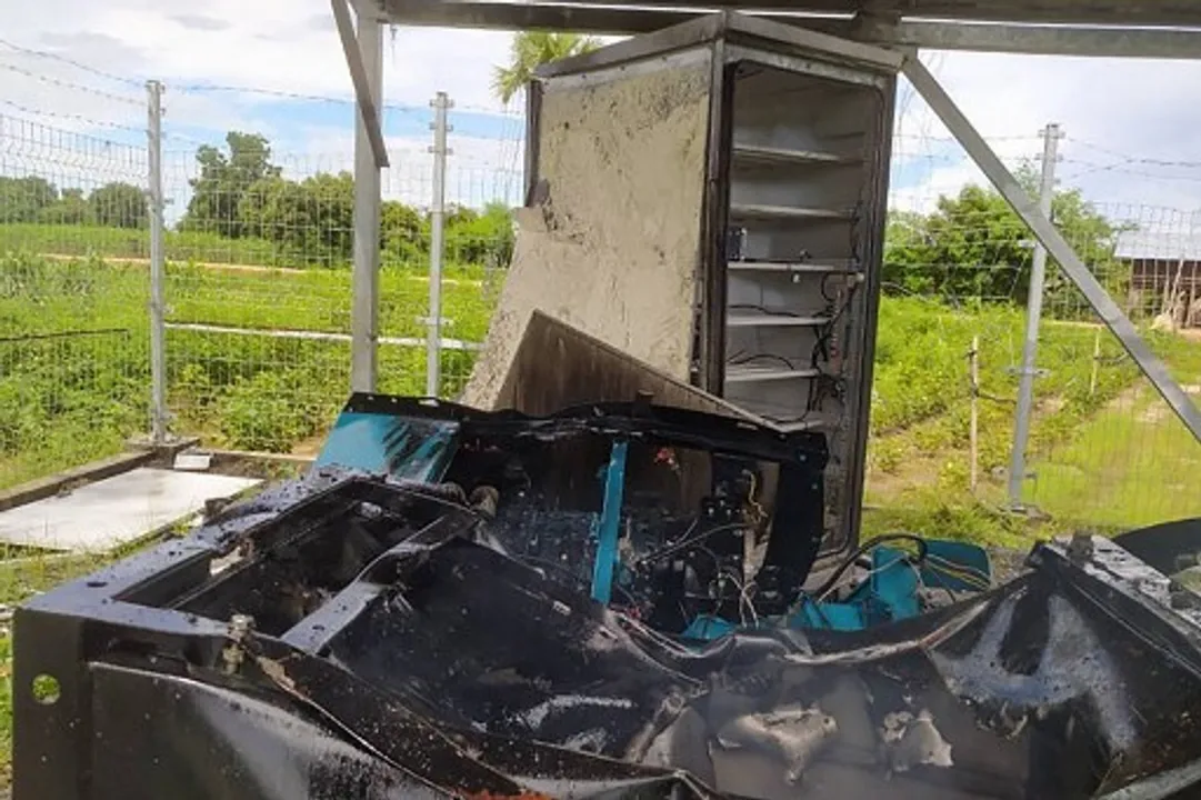  Parts of a destroyed communications tower belonging to the military-owned Mytel telecommunications company, which was damaged by protesters in Sagaing Photograph:(AFP) 