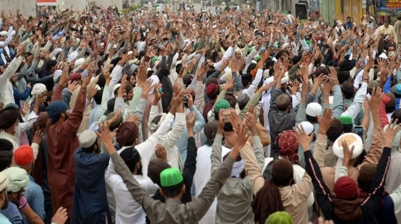  Supporters of the Tehreek-e-Labaik Pakistan (TLP) Islamist political party chant slogans as they protest against the arrest of their leader in Lahore, Pakistan (file photo).Â  Photograph:(Reuters) 