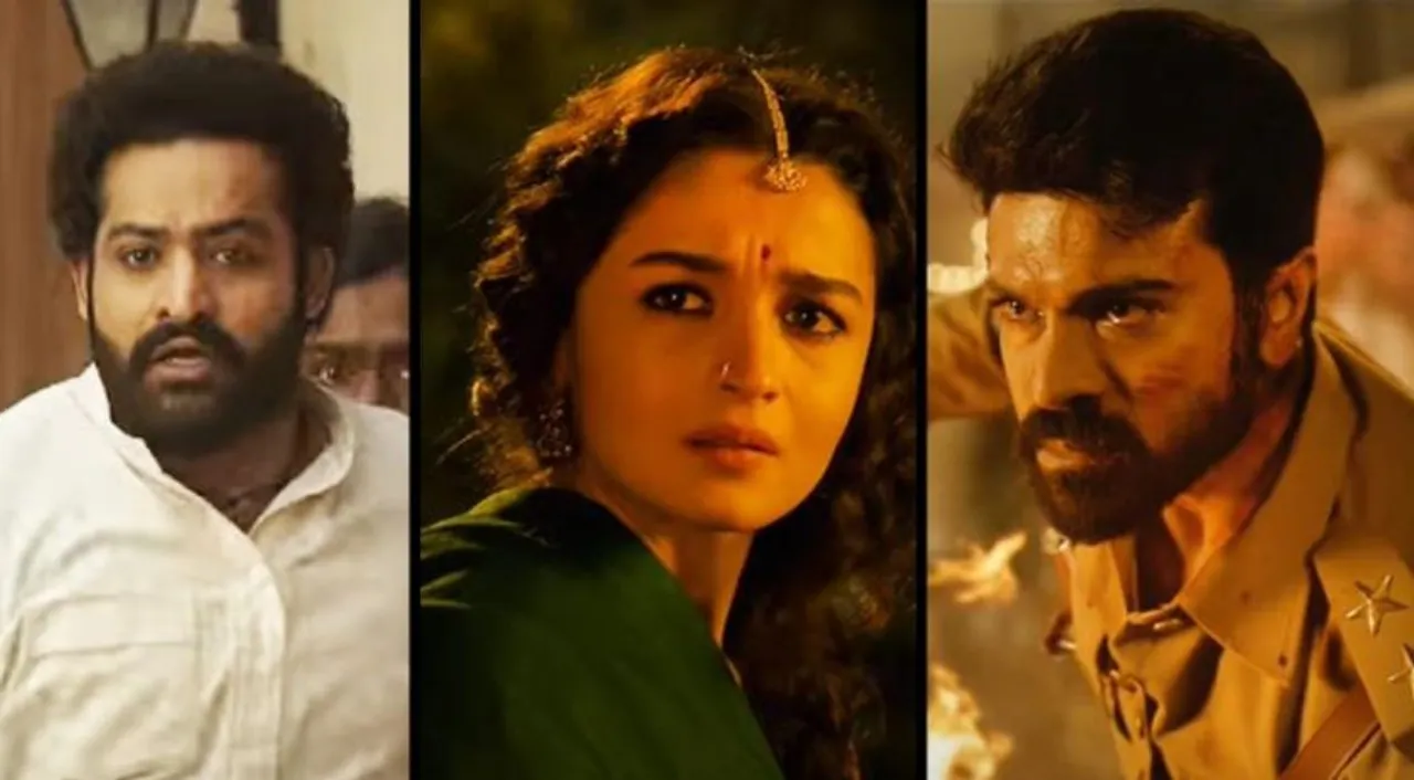  Jr NTR, Alia Bhatt and Ram Charan in 'RRR'. Images via Youtube screen grab Photograph:(Others) 
