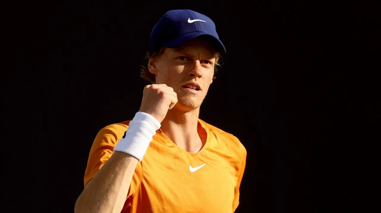  Jannick Sinner of Italy celebrates while playing Pablo Carreno Busta of Spain during the Miami Open. Photograph:(AFP) 