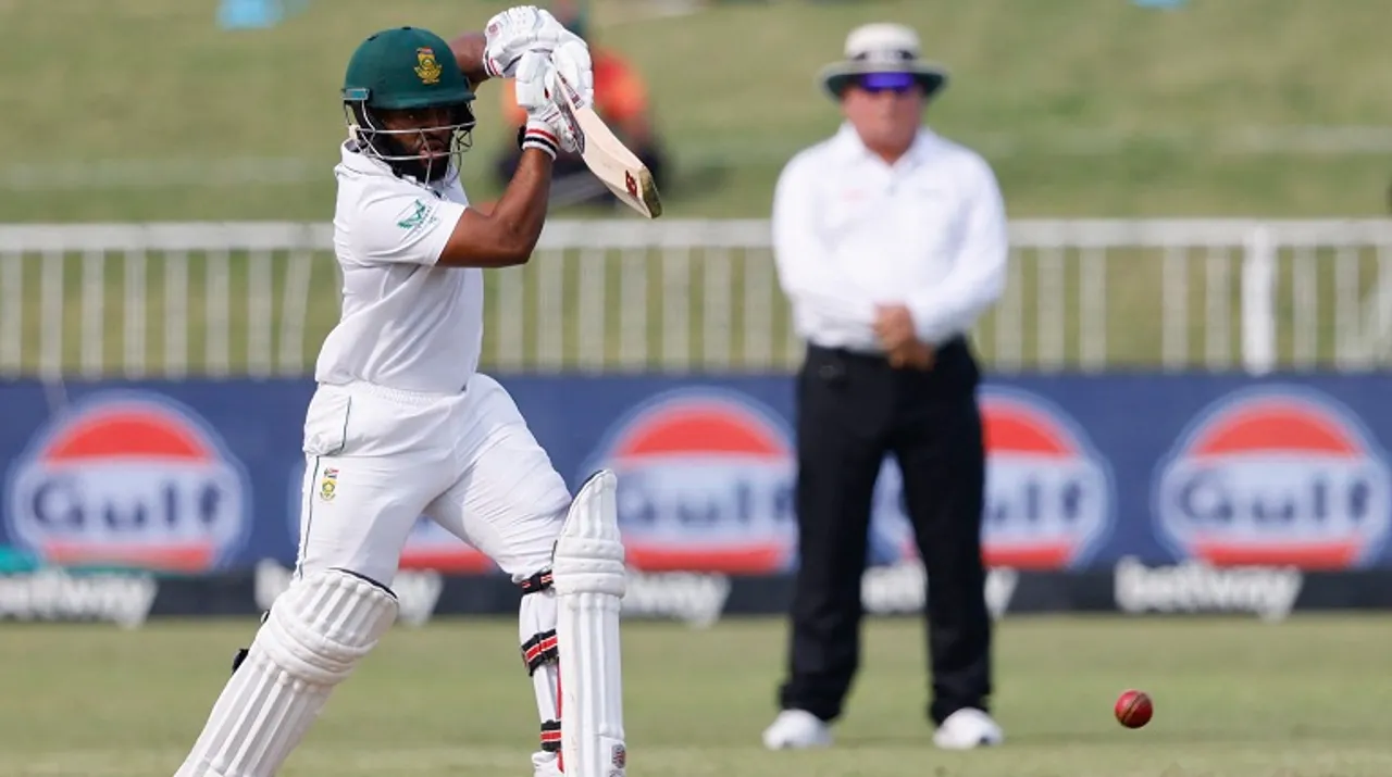  Temba Bavuma watches the ball after playing a shot during the first day of the first Test vs Bangladesh. Photograph:(AFP) 