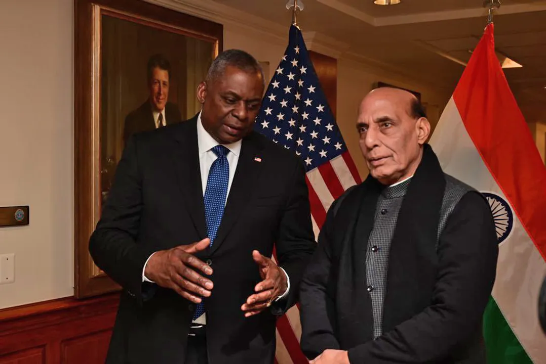  India's defence minister Rajnath Singh with US secretary of defense Lloyd J Austin at the Pentagon Photograph:(ANI) 