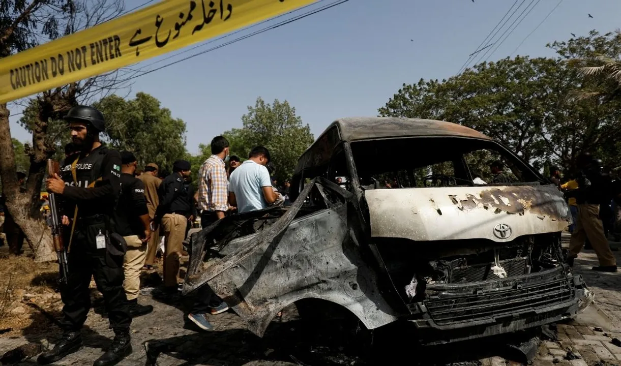  Blast at the entrance of the Confucius Institute University of Karachi Photograph:(Reuters) 