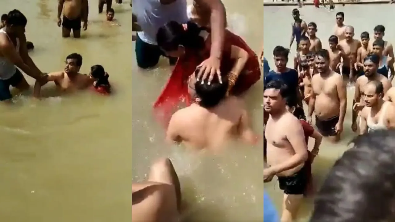  Mob abuses, thrashes man for kissing wife while taking a dip in Indian river.  Photograph:(X) 