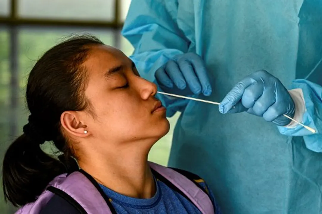  A medical worker takes a swab sample from a woman in New Delhi Photograph:(AFP) 