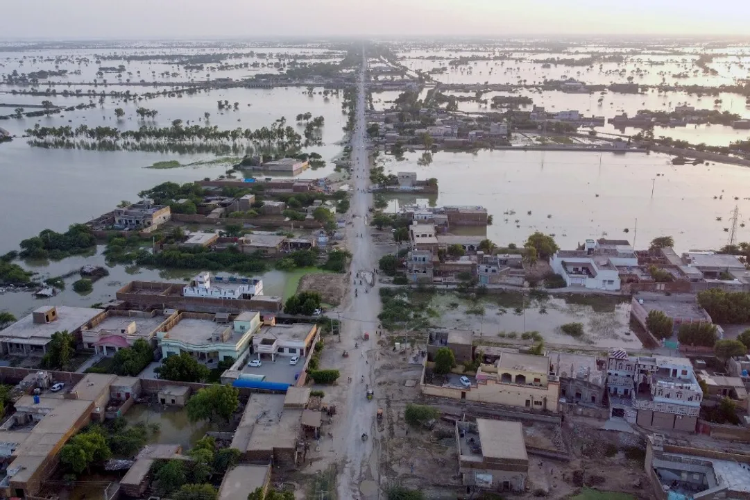  This aerial photograph taken on September 1, 2022 shows flooded residential areas after heavy monsoon rains in Dera Allah Yar town of Jaffarabad district, Balochistan province. Photograph:(AFP) 