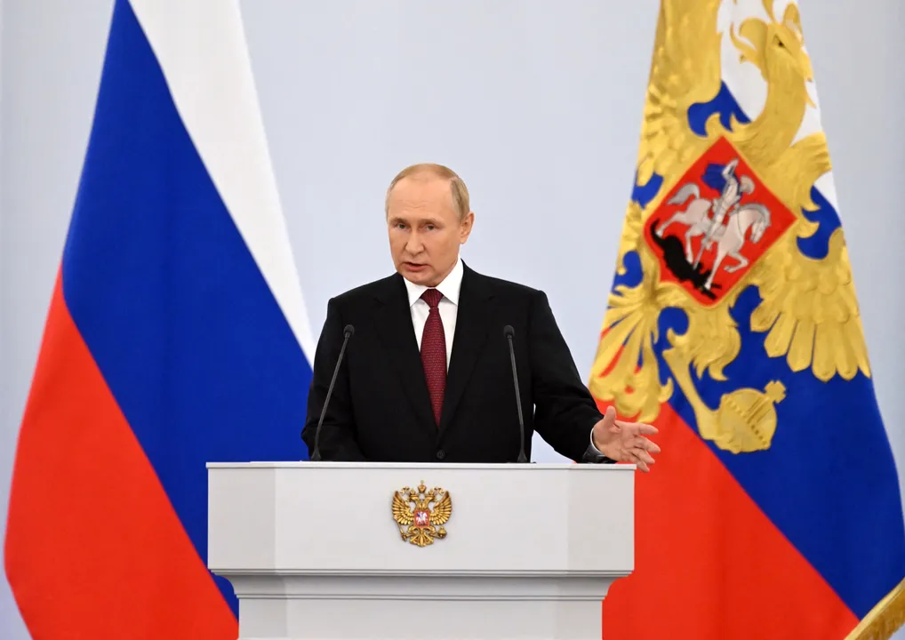  Russian President Vladimir Putin gives a speech during a ceremony formally annexing four regions of Ukraine Photograph:(AFP) 