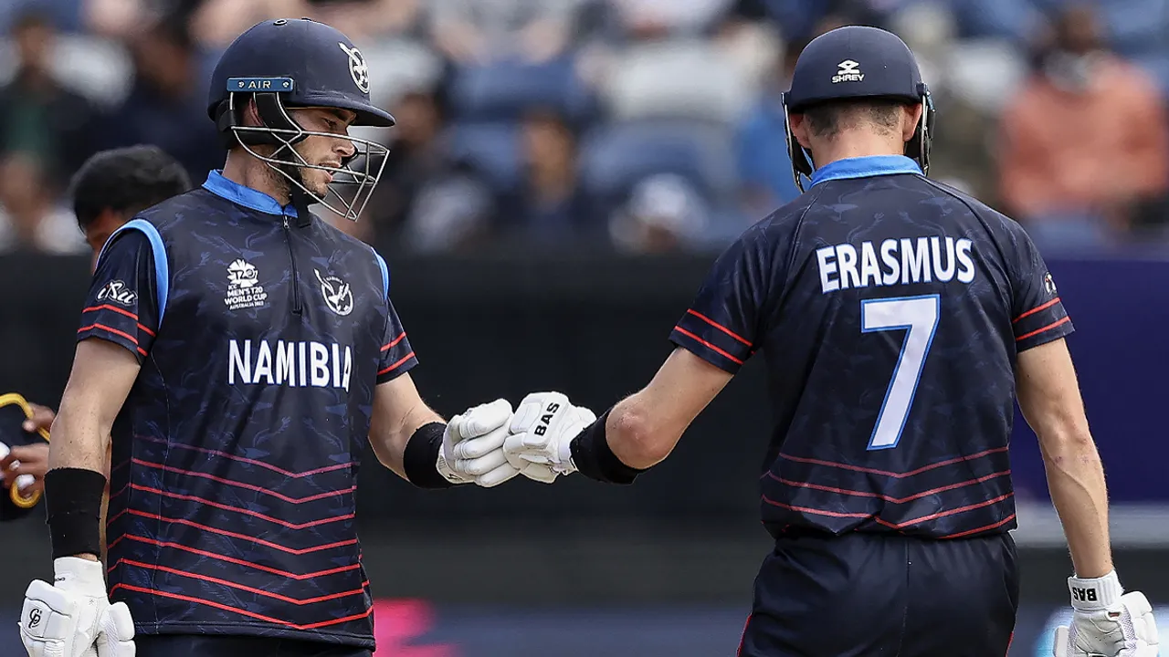  Namibia skipper Gerhad Erasmus hailed his team after stunning win over Sri Lanka. Photograph:(AFP) 