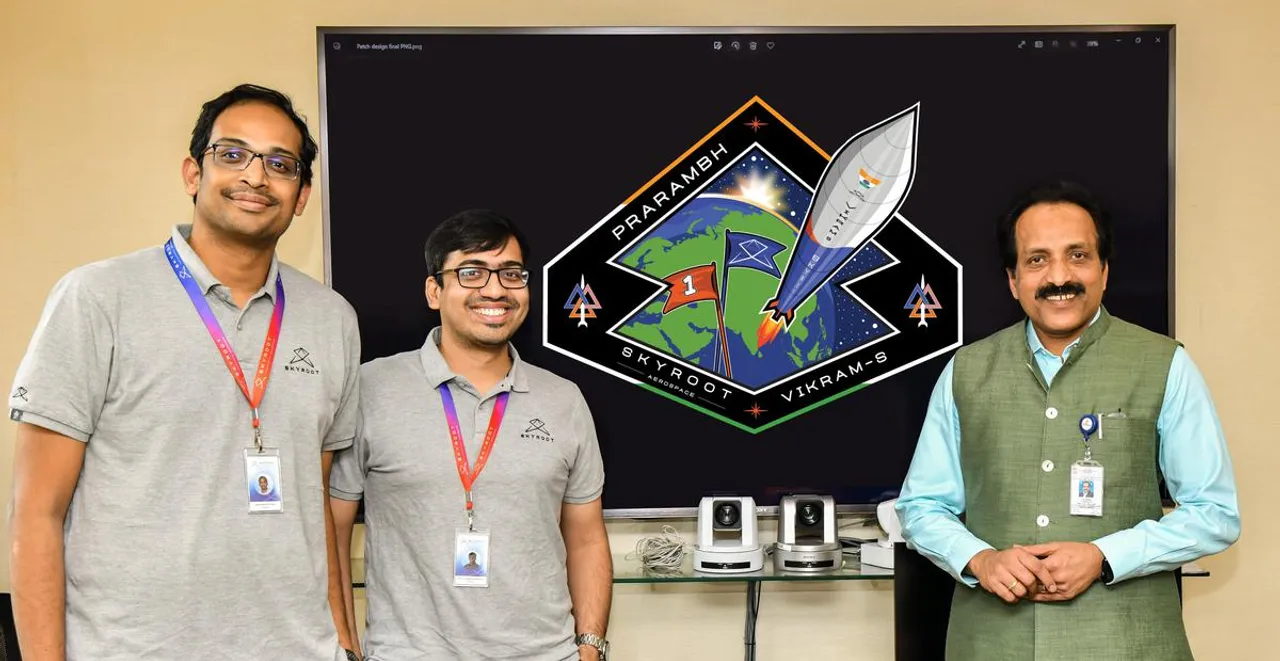  Co-founders of Skyroot Aerospace with ISRO Chairman S. Somanath Photograph:(PTI) 