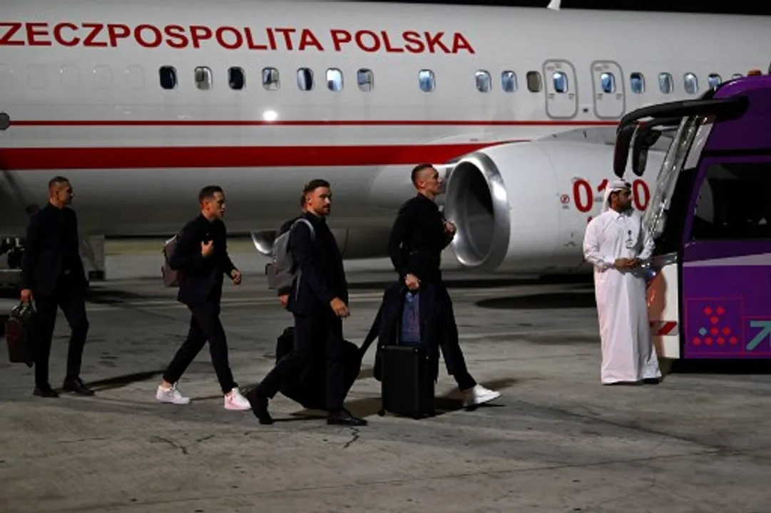  Flight carrying Poland players to Qatar were escorted by F-16 fighter jets Photograph:(AFP) 