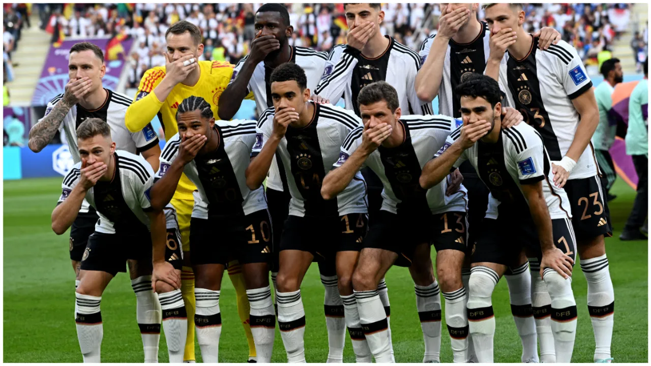  Germany players cover mouth in protest over âOne love armbands' ban by FIFA Photograph:(AFP) 