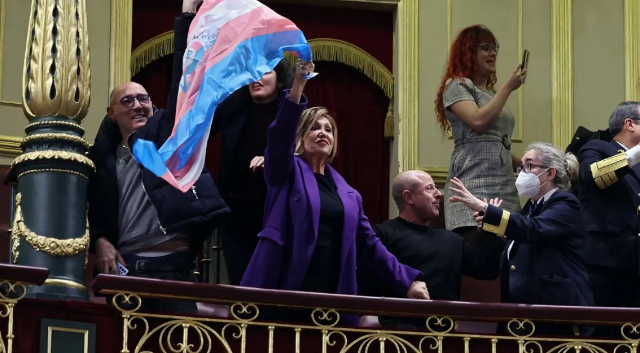  Activists of LGBTQ community celebrate after transgender rights bill passes in Spain. Photograph:(AFP) 