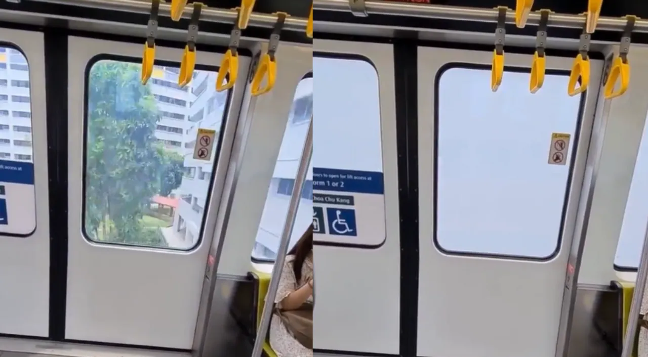  Screengrab of Singapore train's viral video in which windows get automatically blinded near houses.  Photograph:(X) 