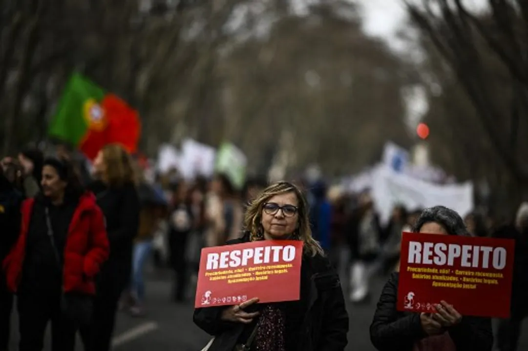  Lisbon: Teachers hold signs reading "respect" during their protest against the govt.  Photograph:(AFP) 