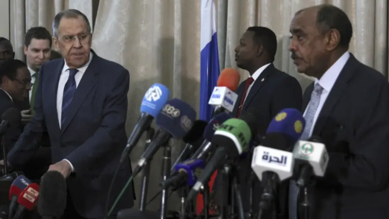  Russian Foreign Minister Sergei Lavrov, left, and Sudanese acting foreign minister Ali al-Sadiq give a joint press conference at the airport in Khartoum, Sudan, Thursday, Feb. 9, 2023. Photograph:(AP) 