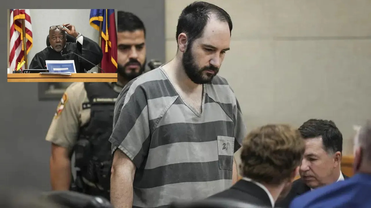  Daniel Perry enters the 147th District Courtroom at the Travis County Justice Center for his sentencing. (Inset) Judge Clifford Brown looks over material  Photograph:(AP) 