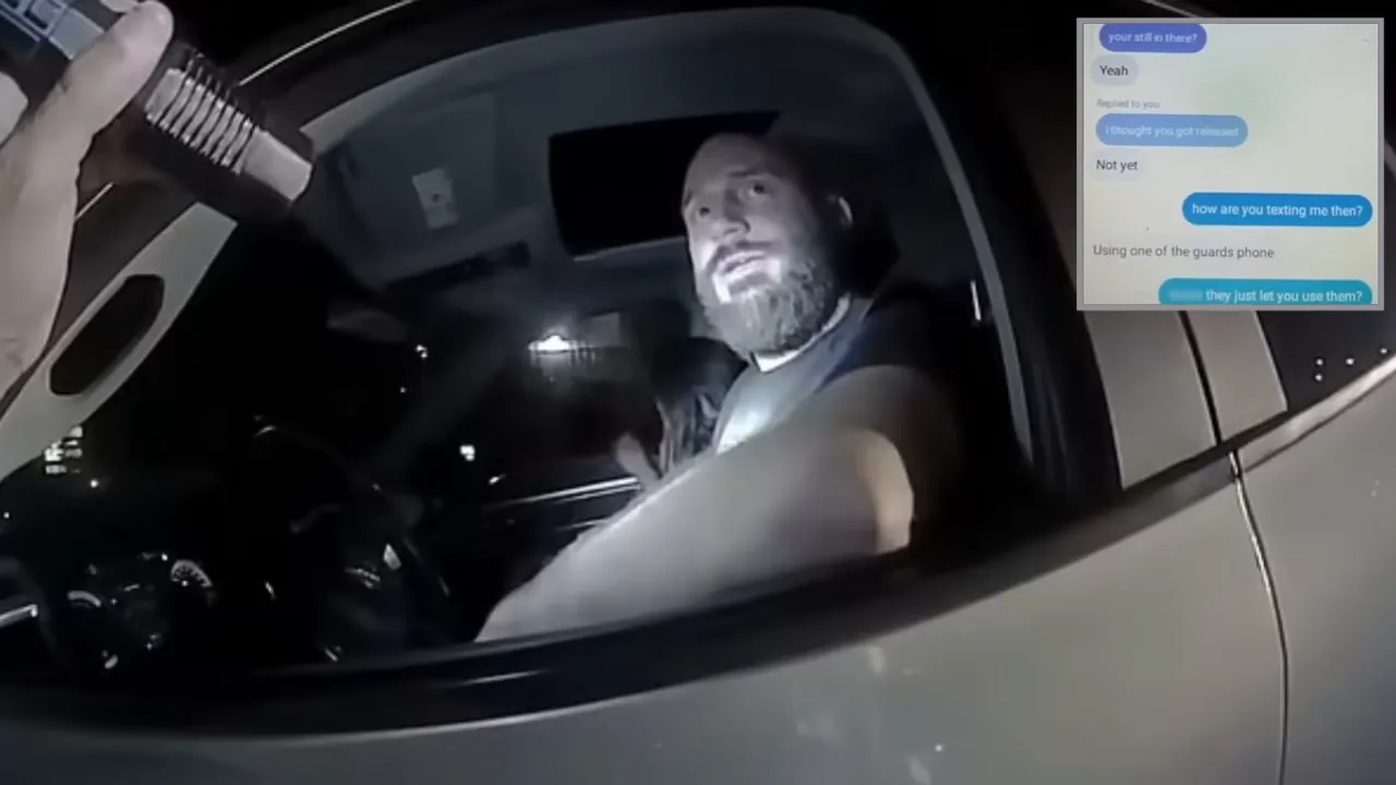  Police cam video of the moment Guthrie  is caught with six children in his car. (Inset) One of the texts he sent the minor from the jail  Photograph:(Others) 