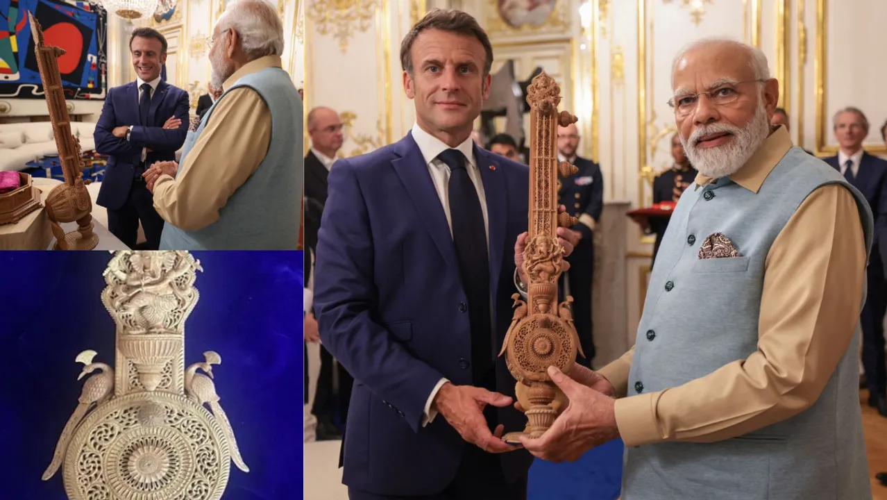  PM Modi gifts sandalwood sitar to French President Emmanuel Macron Photograph:(X) 