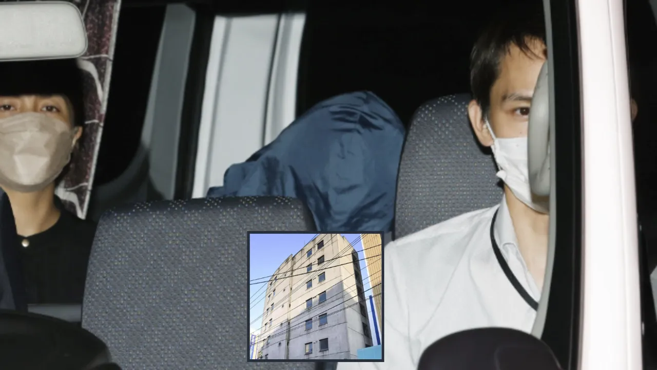  Runa Tamura (C) is transported to the Hokkaido prefectural police headquarters in Sapporo. (inset) The “love hotel” where the victim was found on 2 July Photograph:(Others) 