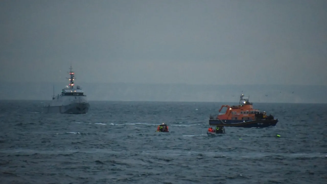 This photograph taken and released on August 12, 2023, by the French Navy (Marine Nationale) shows a MSC Taku CPP British boat (L) and a Cormoran public service patrol boat of the French Navy taking part in a search and rescue operation following the sinking of a migrant boat off Calais with the commitment of French and British resources during an operation under the coordination of the CROSS Gris-Nez. Photograph:(AFP) 