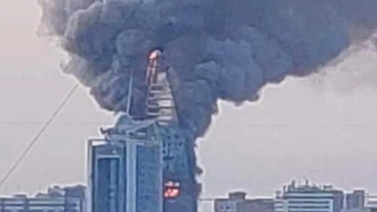   Iconic Greater Nile Petroleum Oil Company Tower in flames in Khartoum. Photograph:(X) 