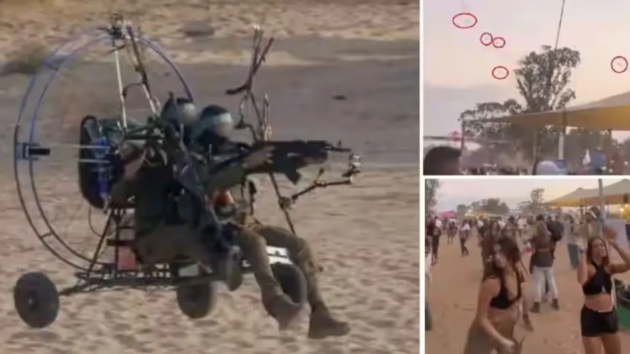  Hamas terrorists entered Israeli territory with the help of motorised paragliders. They made their way into a party and opened fire. Photograph:(X) 