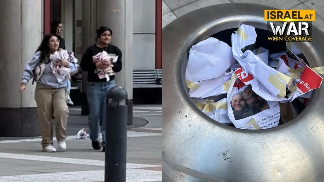  The video was filmed on Monday (Oct 16th) at Tisch Hall in Manhattan's Greenwich Village by Students Supporting Israel, a campus organisation. In it, the students can be seen stripping a wall bare of posters featuring the faces of some children taken hostage by Hamas militants.  Photograph:(X) 