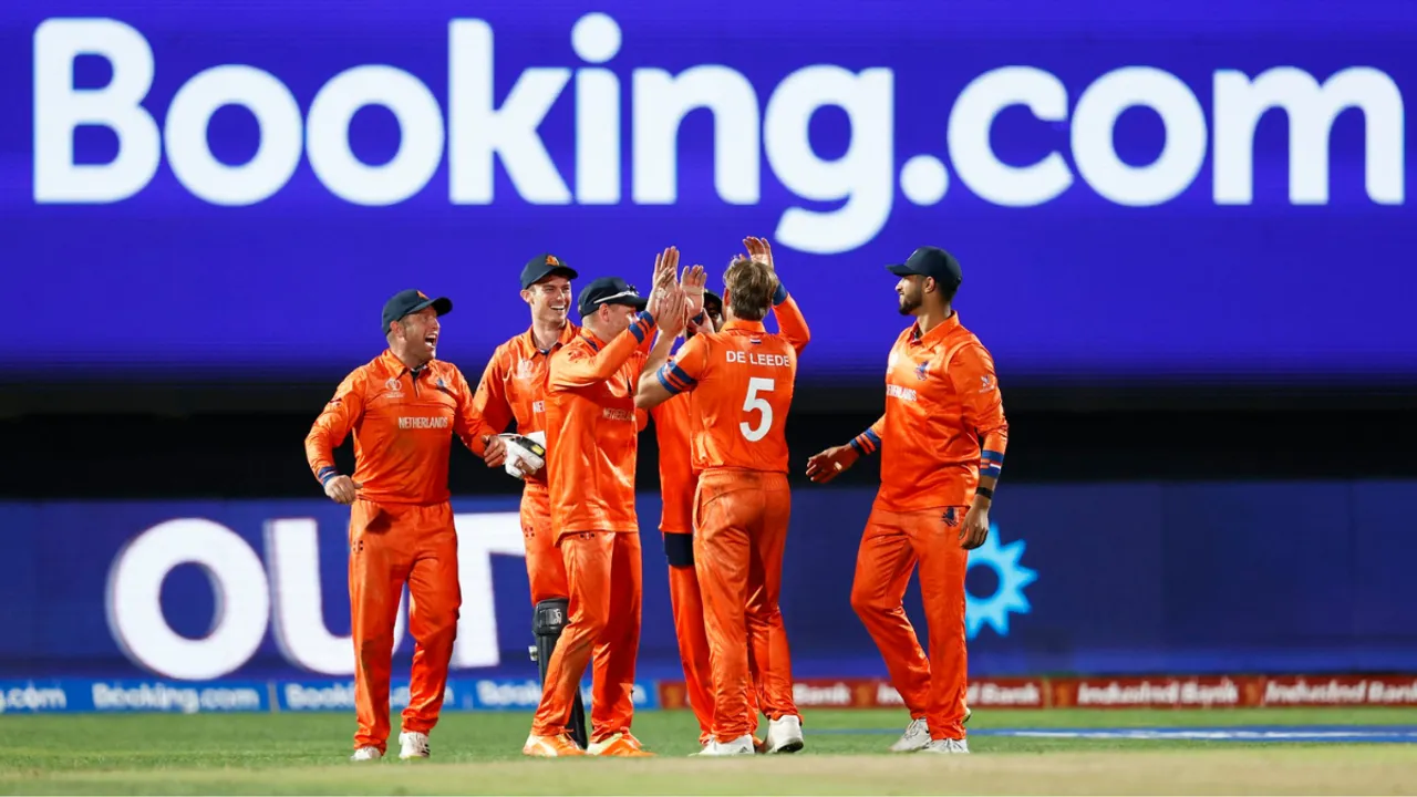  Dutch players celebrate a wicket during the win vs South Africa (Source: @KNCBcricket) Photograph:(X) 