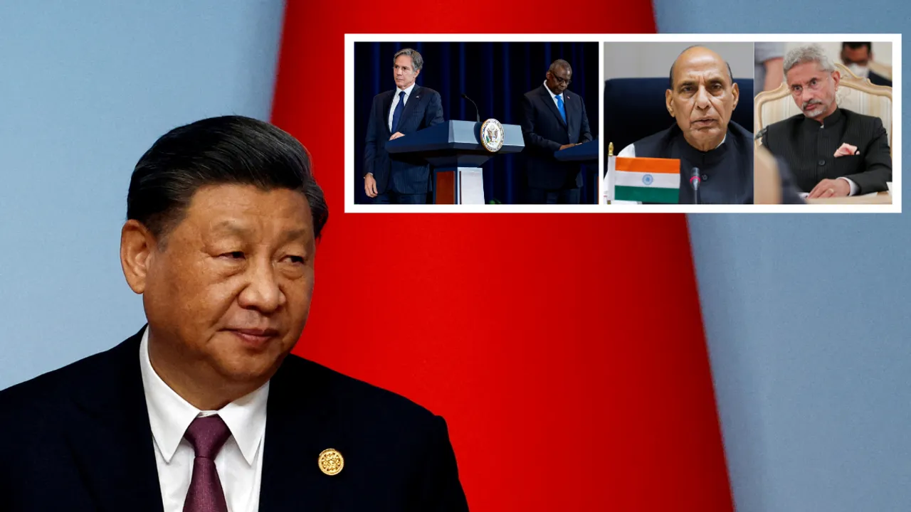  File photo of Chinese leader Xi Jinping alongside the images of Indian foreign, defence ministers with their US counterparts Photograph:(Reuters) 