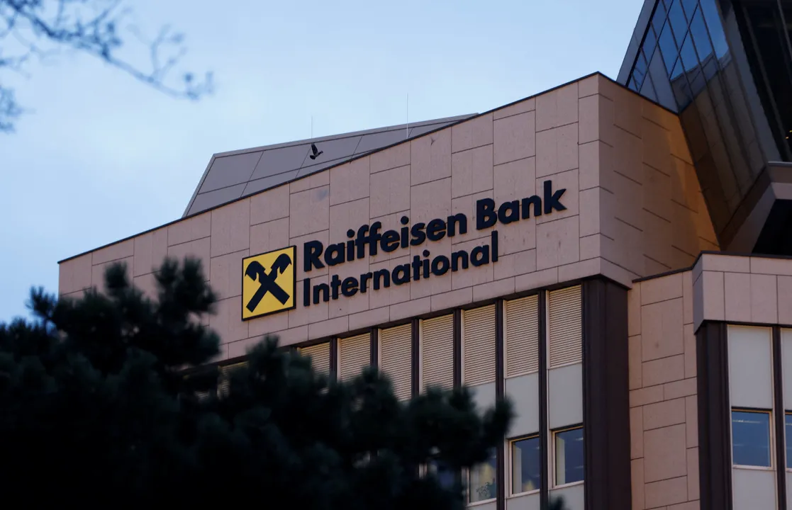  The logo of Raiffeisen Bank International (RBI) is seen on their headquarters in Vienna, Austria Photograph:(Reuters) 