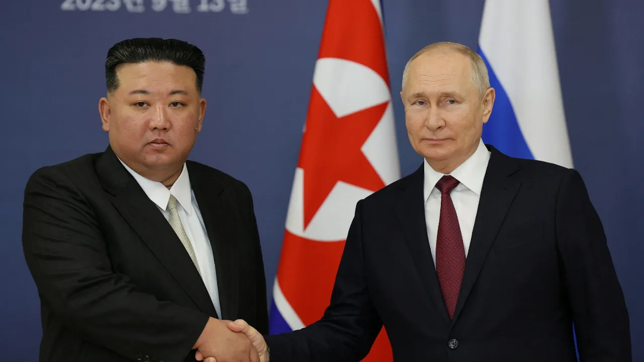  North Korean leader Kim Jong Un and Russian President Vladimir Putin meet at a summit. Photograph:(Reuters) 