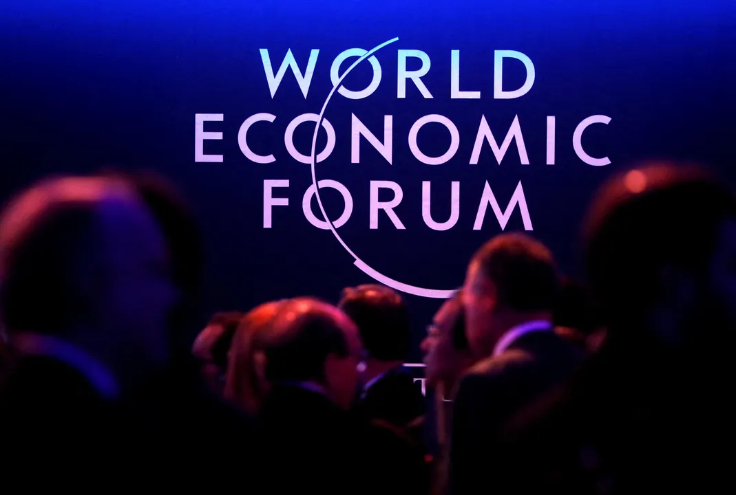  A logo of the World Economic Forum (WEF) is seen as people attend the WEF annual meeting in Davos Photograph:(Reuters) 