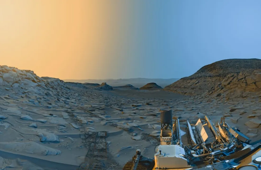  NASA’s Curiosity Mars rover used its black-and-white navigation cameras to capture panoramas of “Marker Band Valley” at two times of day on April 8. Color was added to a combination of both panoramas for an artistic interpretation of the scene. Photograph:(Reuters) 