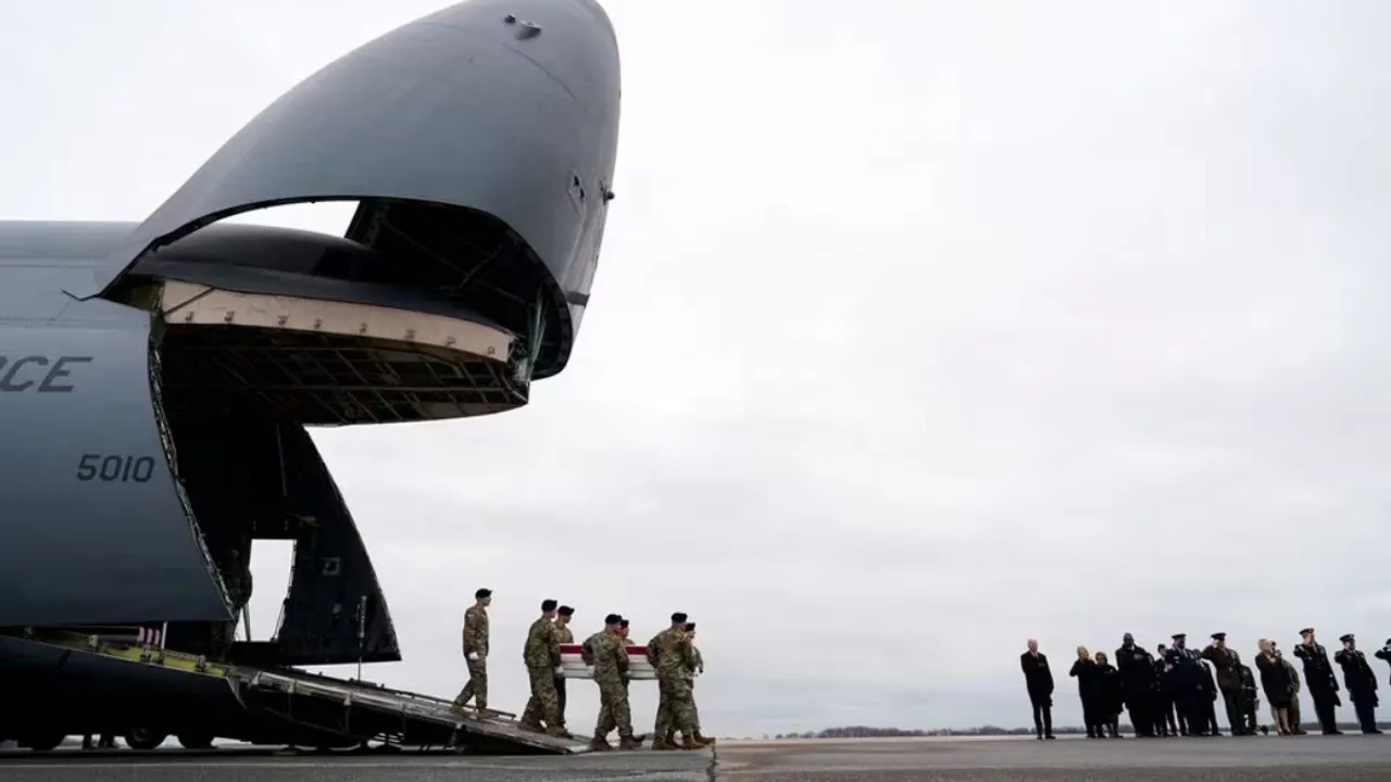  The remains of three US service members who were killed in Jordan at an airbase in Delaware, United States  Photograph:(Reuters) 