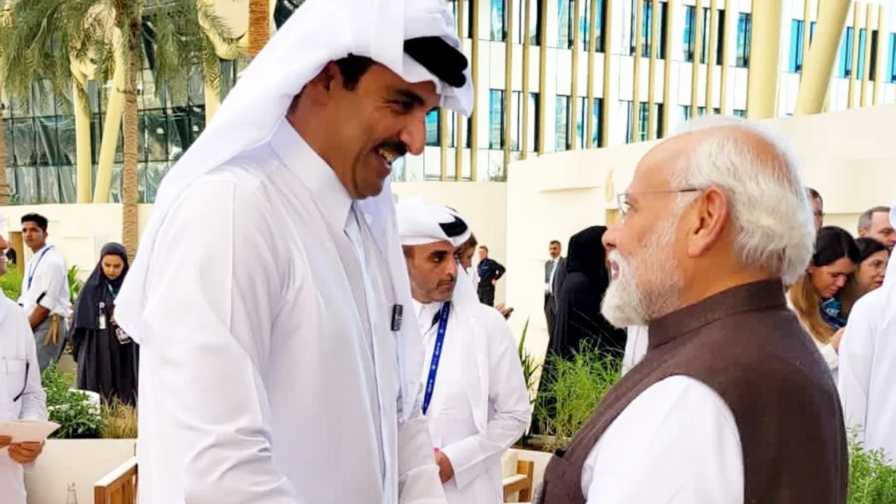  PM Narendra Modi with Qatar Emir Sheikh Tamim bin Hamad Al-Thani during COP28 in Dubai Photograph:(PTI) 
